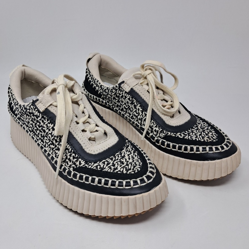 Dolce Vita Womens 8.5 Black White Woven Raffia Platform Sneakers Blanket Stitch